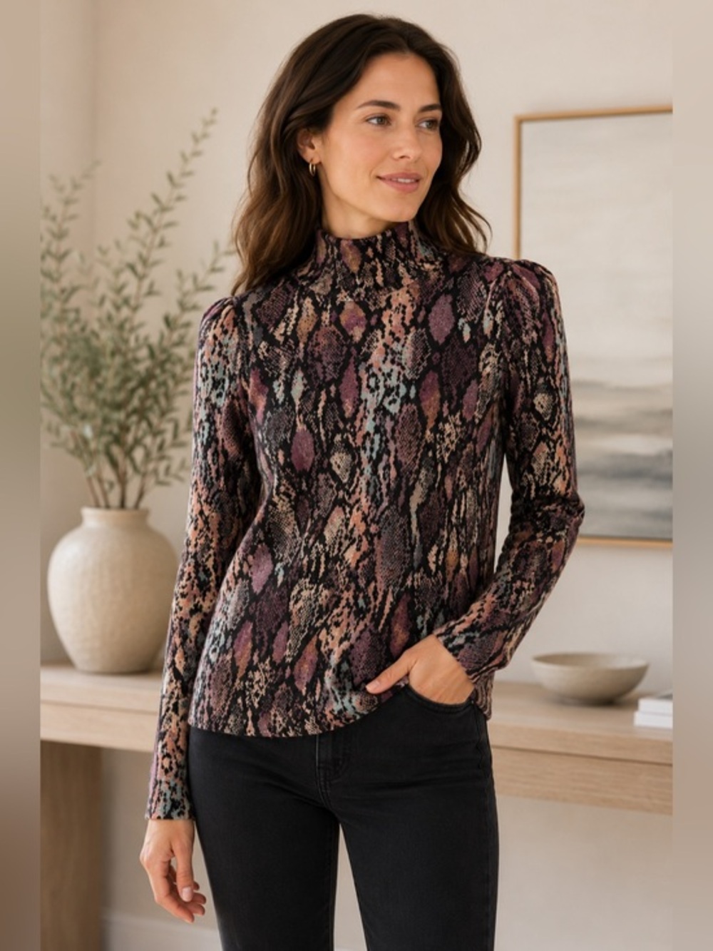 Rebecca Taylor Black Tan Mauve Snake Print 100% Wool Mock Neck Sweater M #2691
